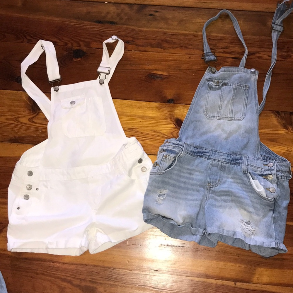 White and denim overalls